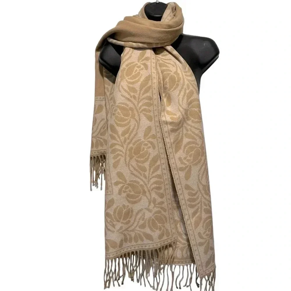 NWT Made in Italy Charter Club Tan Beige Fringe Accent Floral Border Scarf Wrap
